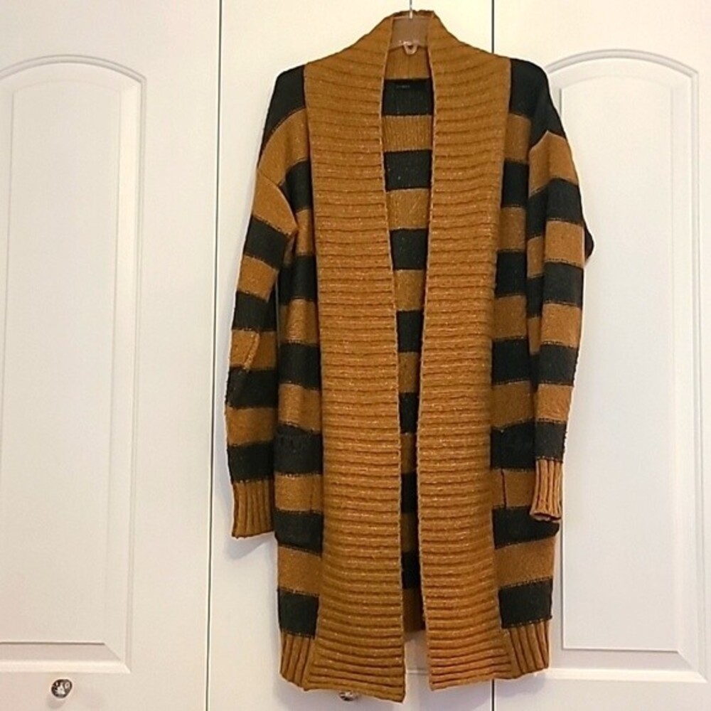 Press Made in Canada Long Knit Super Soft  Stripe Cardigan Camel & Gray Size S